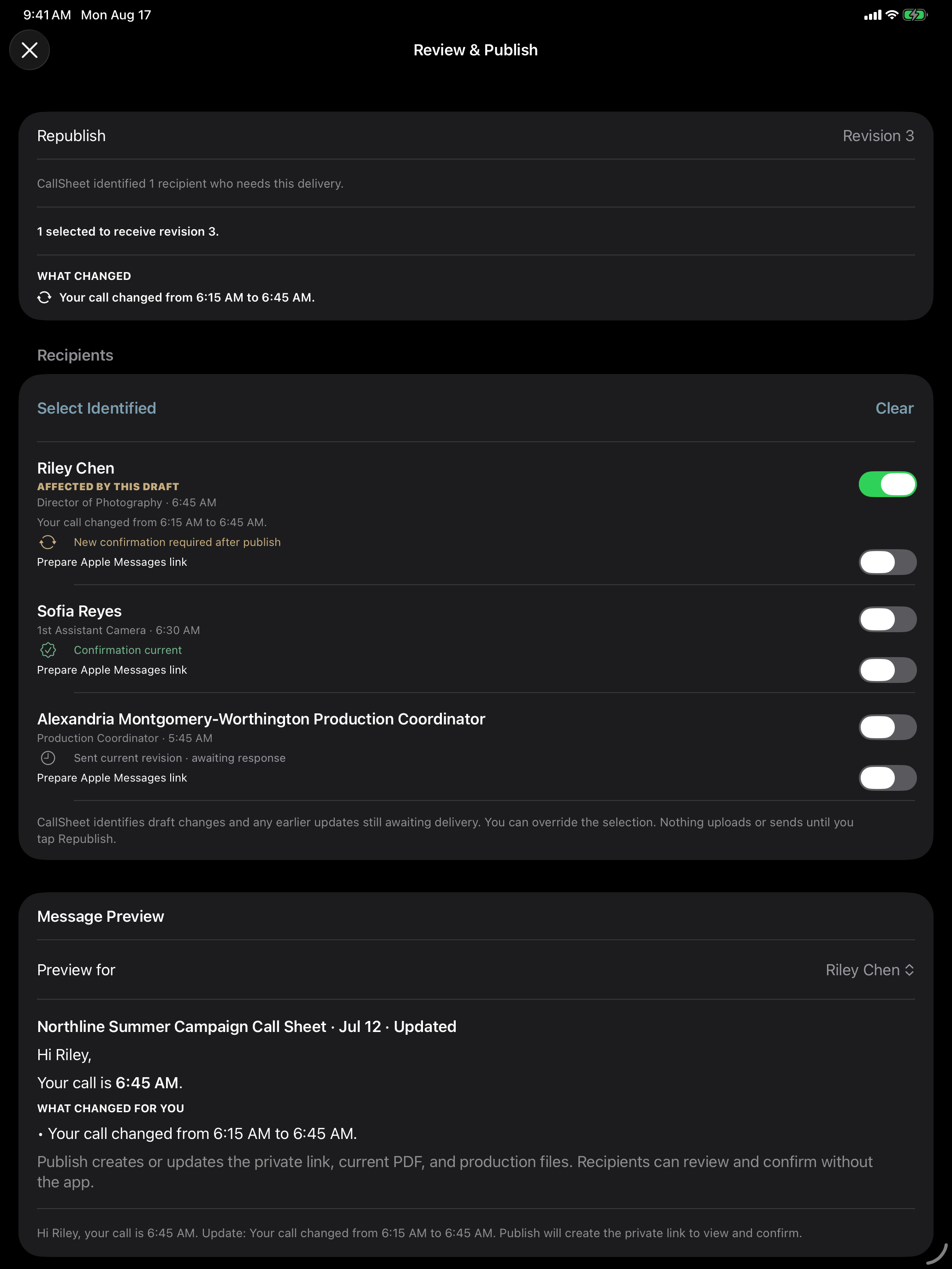 CallSheet Review and Publish screen showing Riley Chen's call changing from 6:15 AM to 6:45 AM, with one affected recipient selected