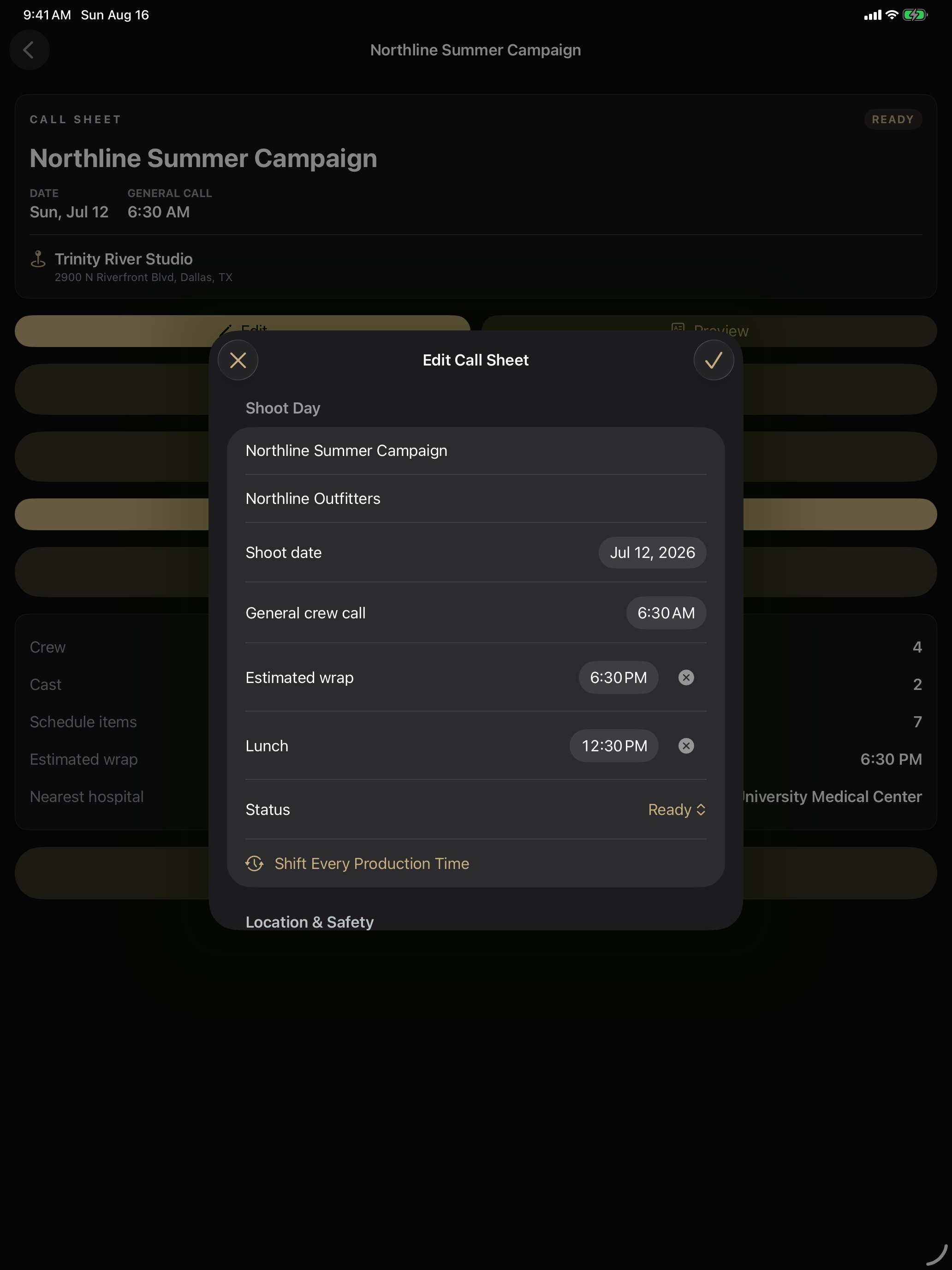 The CallSheet shoot-day editor running on iPad