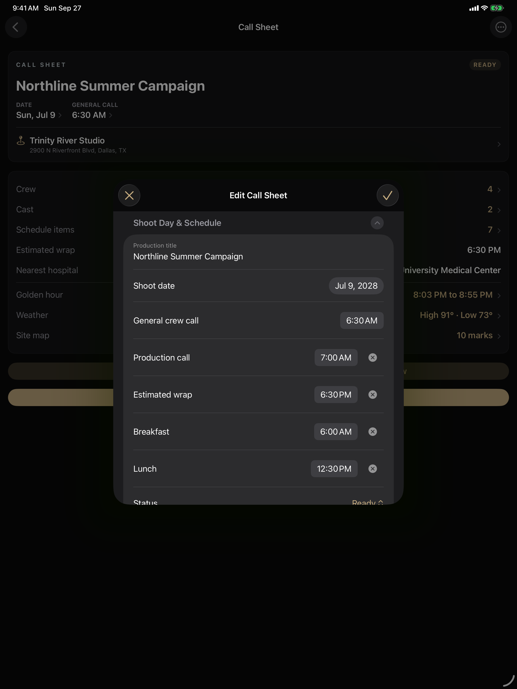 The CallSheet shoot-day editor running on iPad