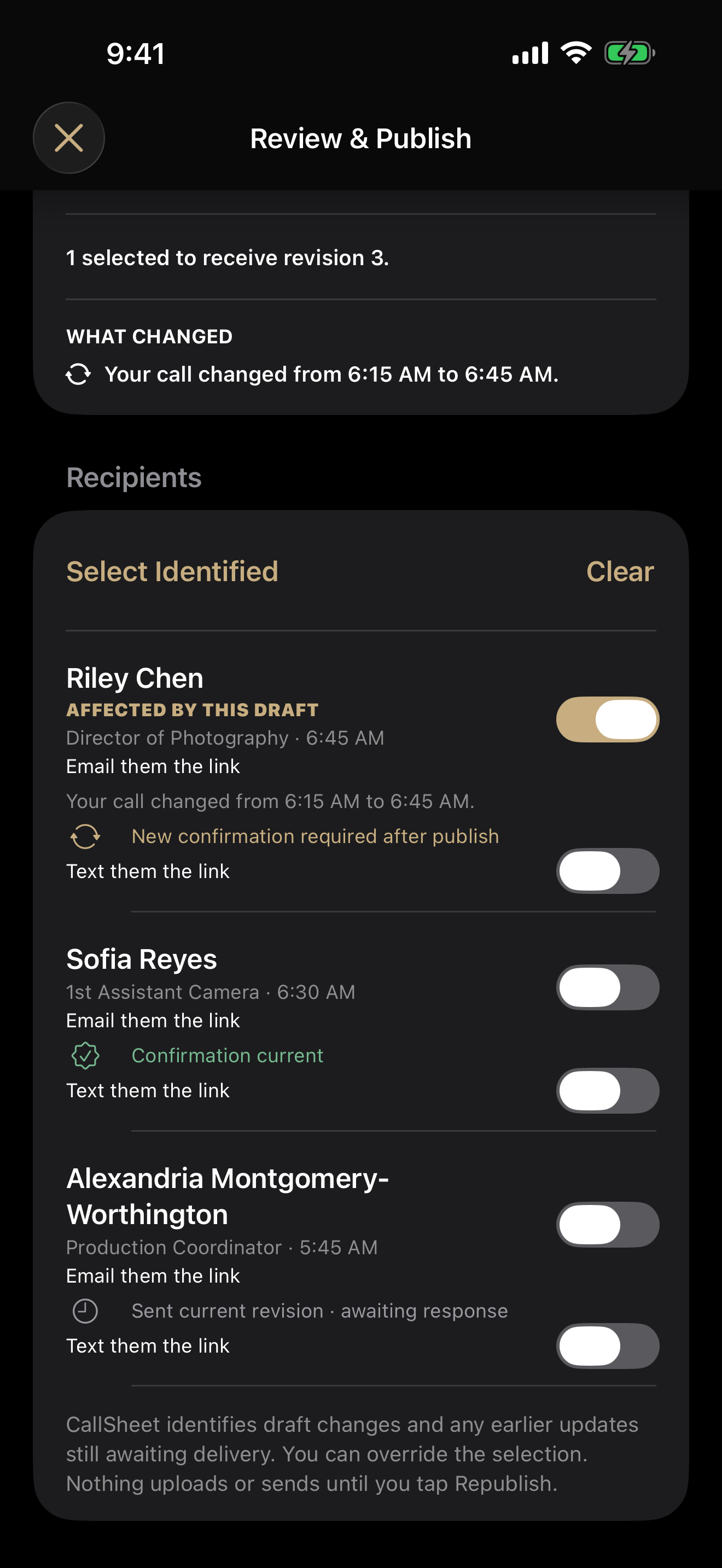 CallSheet Review and Publish screen with Riley selected because the call time changed