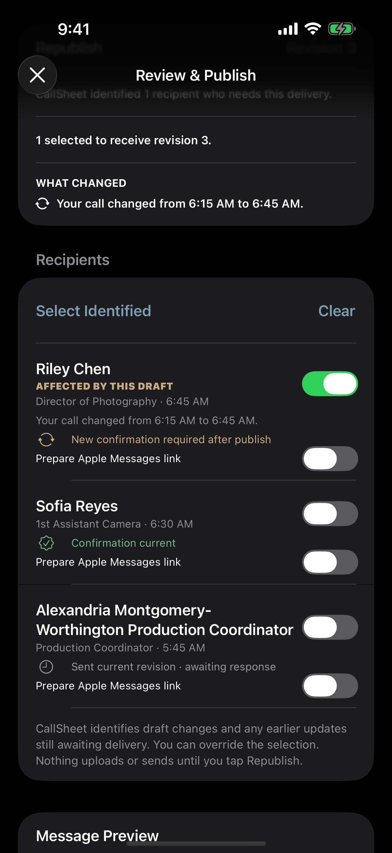 CallSheet Review and Publish screen with Riley selected because the call time changed