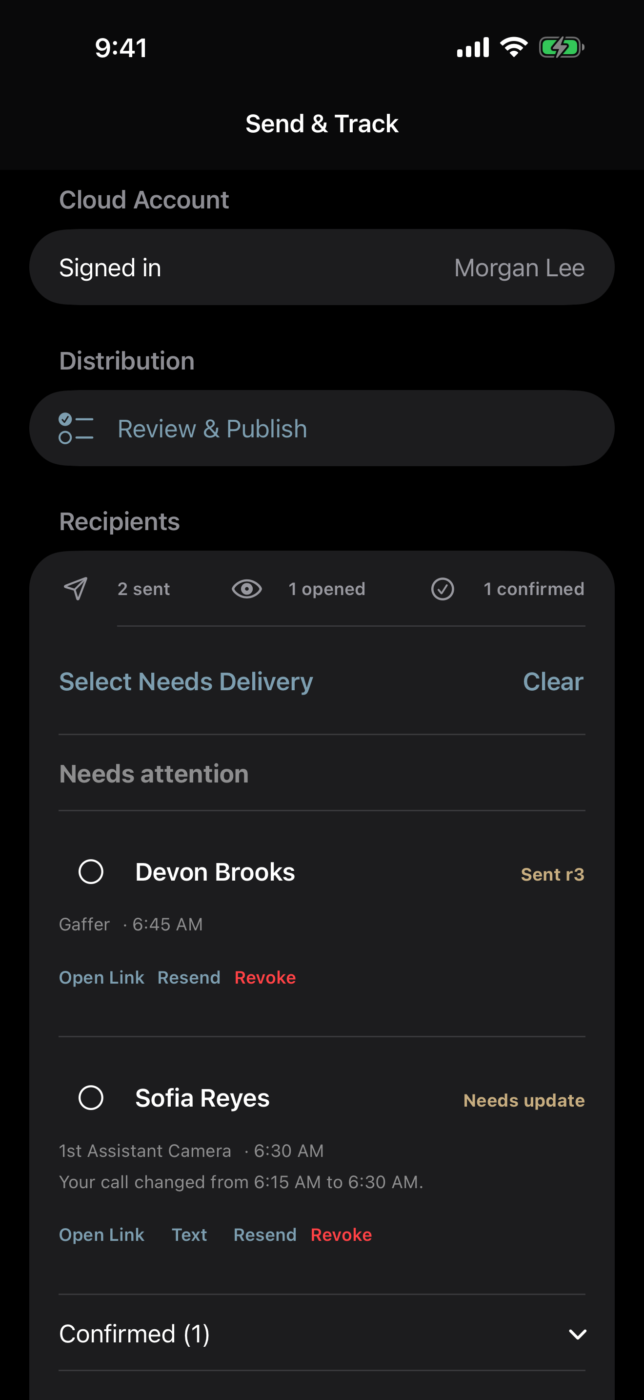 CallSheet Send and Track screen separating sent, opened, confirmed, and needs-update recipient states