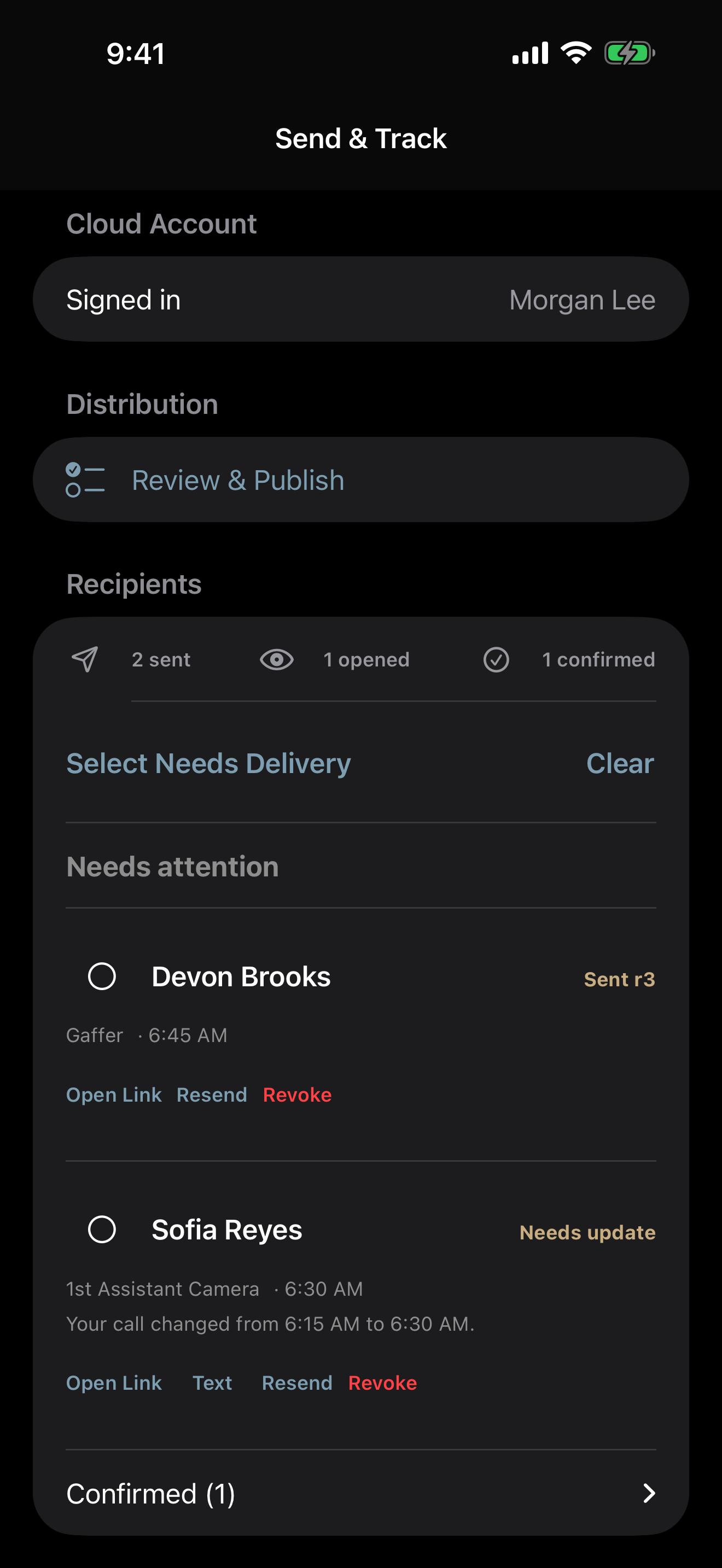 CallSheet Send and Track screen showing sent, viewed, and confirmed recipients