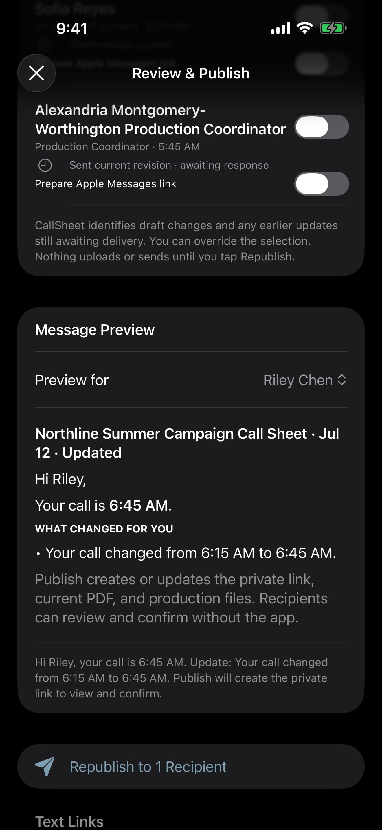 CallSheet message preview explaining Riley's updated 6:45 AM call and that recipients can review without the app