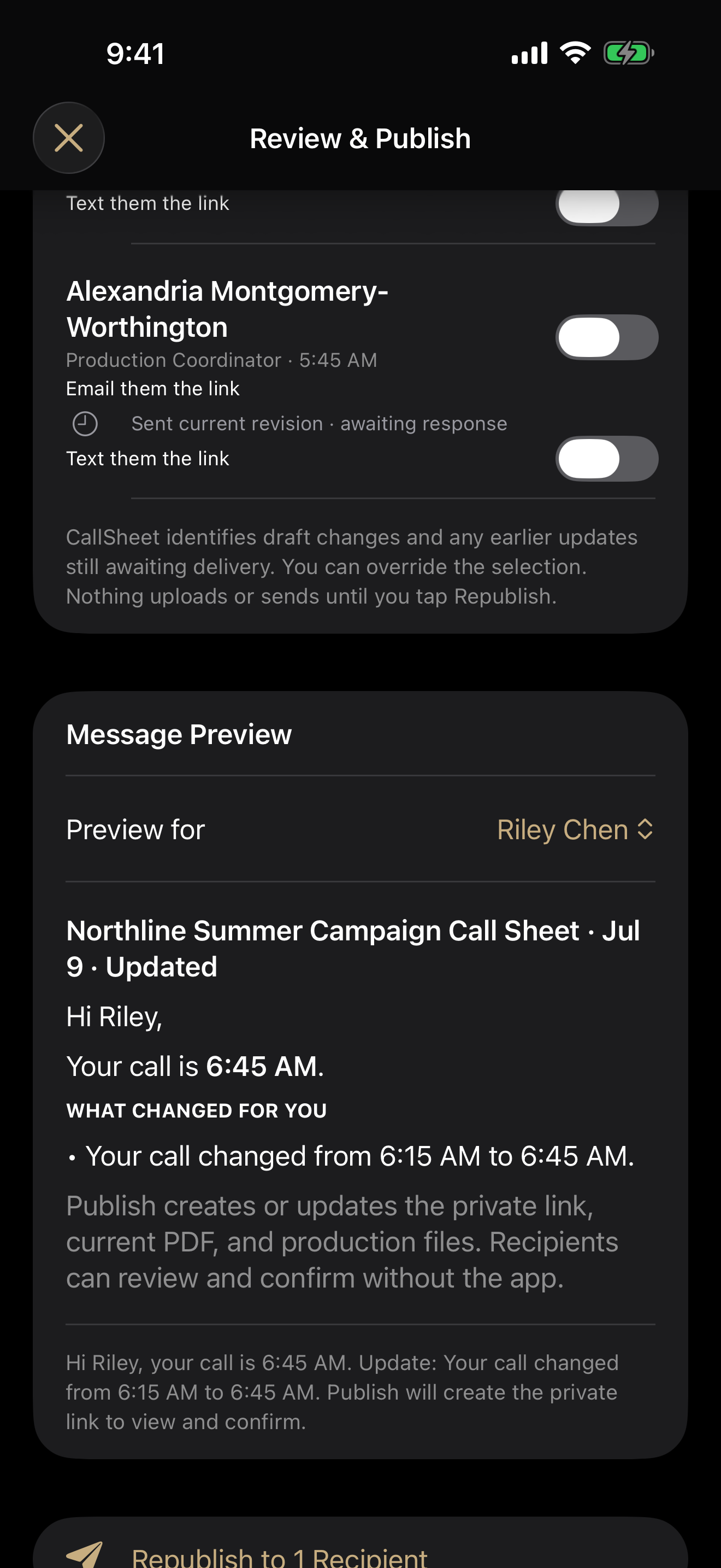 CallSheet message preview explaining Riley's updated 6:45 AM call and that recipients can review without the app