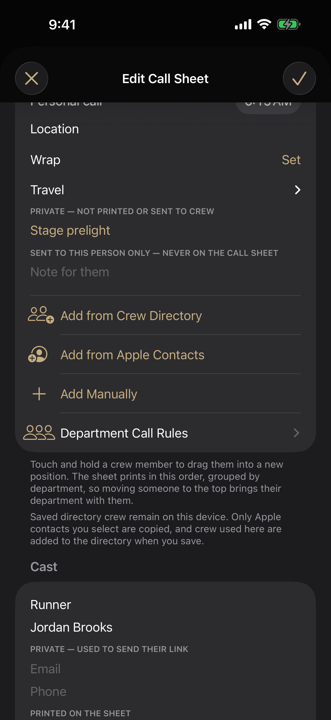 Selected crew in CallSheet with Apple Contacts import available