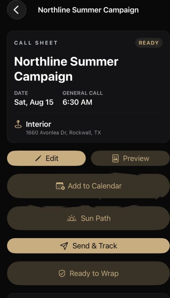 CallSheet production detail for the fictional Northline Summer Campaign, with Add to Calendar beside the shoot-day controls
